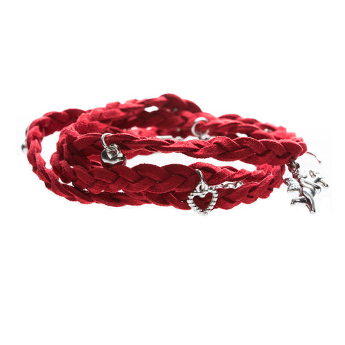 Beautiful Braided Suede Faux Leather Dangle Charms Fashion Wrap Bracelet Red