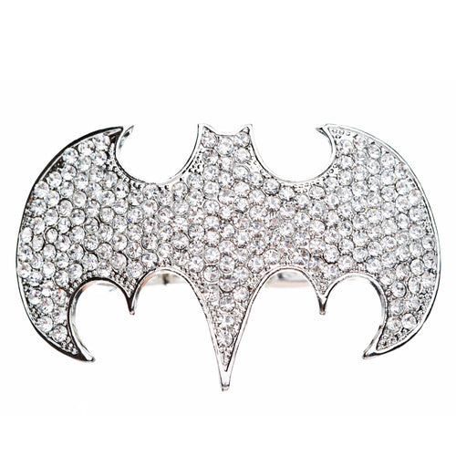 Fun Bat Crystal Rhinestone Two Finger Stretch Adjustable Ring Silver Clear
