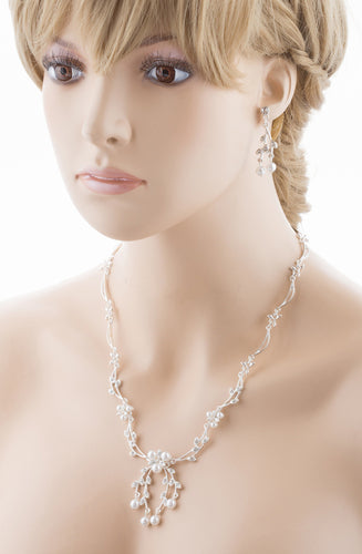 Bridal Wedding Jewelry Set Crystal Rhinestone Floral Pearl Necklace Silver