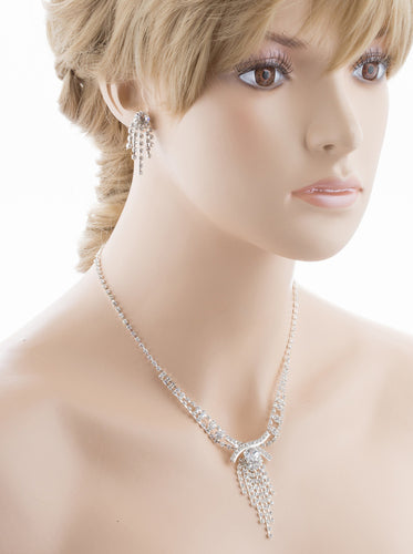 Bridal Wedding Jewelry Set Necklace Earring Crystal Rhinestone Tassel Silver