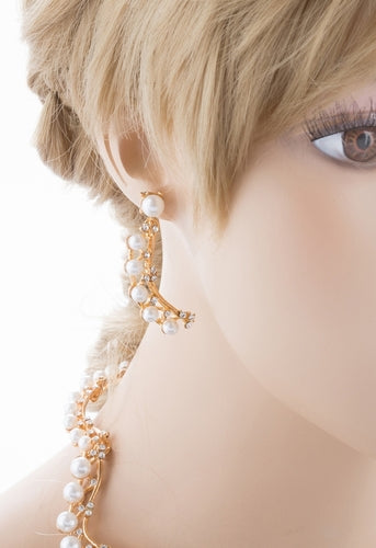 Bridal Wedding Jewelry Set Crystal Pearl Chunky V Drop Swirl Necklace Gold