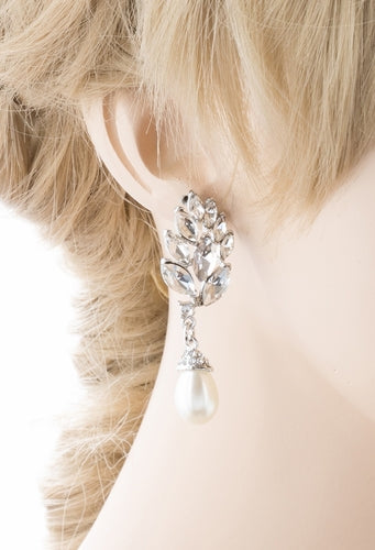 Bridal Wedding Jewelry Crystal Pearl Chic Modern Teardrop Dangle Earrings Silver