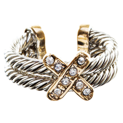 Duo Tone X Design Double Cable Fashion Ring Gold Silver - Accessoriesforever