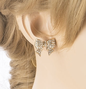 Gorgeous Fashion Ribbon Bow Design Crystal Rhinestone Pave Stud Earrings Gold