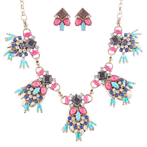 Striking Design Crystal Rhinestone Beads Statement Necklace Set JN285 Multi