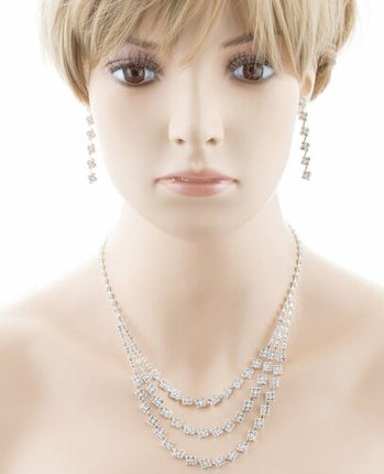 Bridal Wedding Jewelry Crystal Rhinestone Layered Links Necklace Set J664 Silver - Accessoriesforever