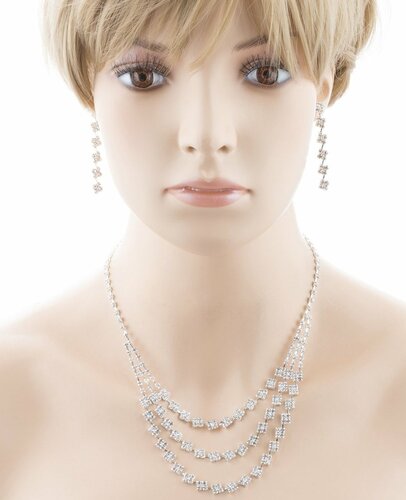 Bridal Wedding Jewelry Crystal Rhinestone Layered Links Necklace Set J664 Silver