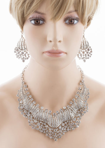 Bridal Wedding Jewelry Set Crystal Rhinestones Sparkle Wavy Bib Necklace Silver