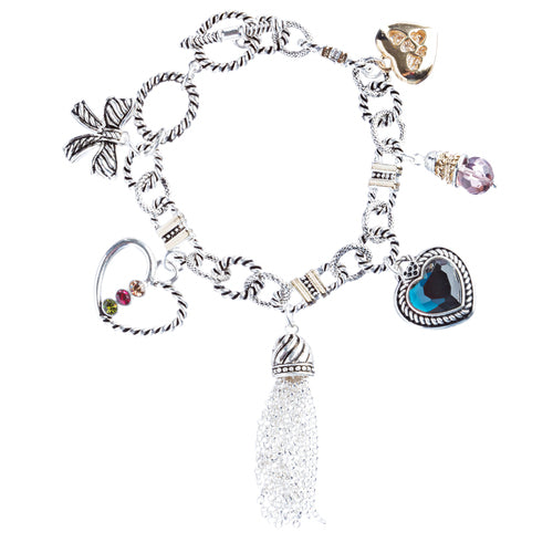 Heart Bow Charm Crystal Gem Toggle Link Bracelet Multi