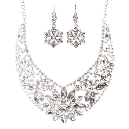 Bridal Wedding Jewelry Set Crystal Rhinestone Classic Bib Design J589 Silver