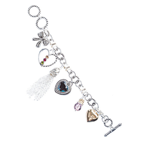Heart Bow Charm Crystal Gem Toggle Link Bracelet Multi