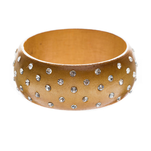 Chic Fashion Trendy Crystal Rhinestone Wide Wood Bangle Bracelet Light Brown