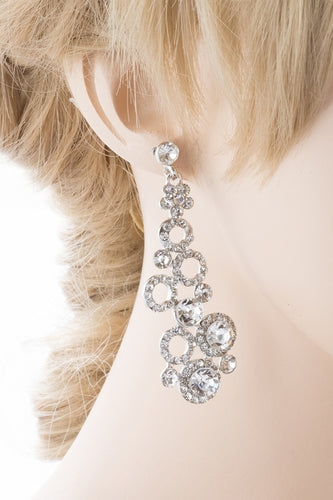Bridal Wedding Jewelry Crystal Rhinestone Dot Linked Dangle Drop Earrings Silver