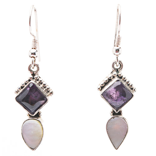 925 Sterling Silver Natural Gemstones Amethyst Abalone Dangle Earrings FJSVE2157