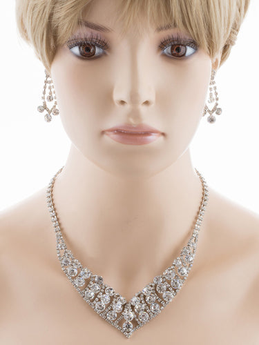 Bridal Wedding Jewelry Set Crystal Rhinestone Bubbly V Drop Necklace