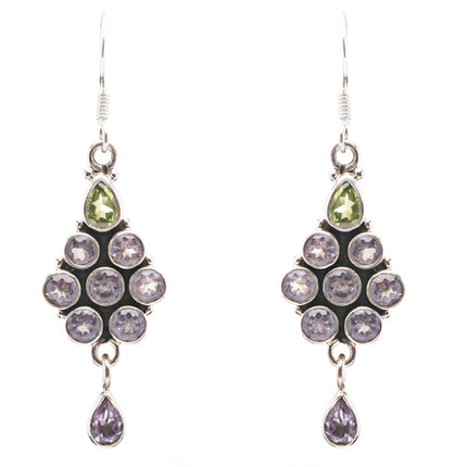 925 Sterling Silver Natural Gemstones Amethyst Periodot Dangle Earring FJSVE2152