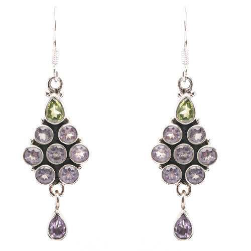 925 Sterling Silver Natural Gemstones Amethyst Periodot Dangle Earring FJSVE2152