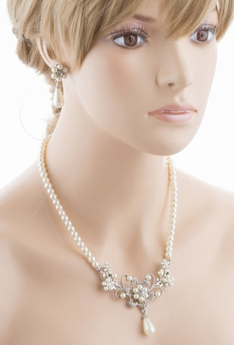 Bridal Wedding Jewelry Set Crystal Rhinestone Pearl Glittering Floral Necklace - Accessoriesforever