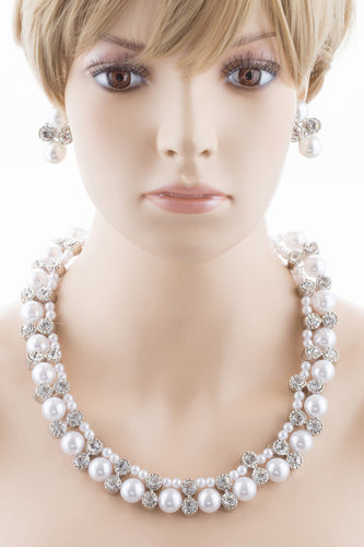 Bridal Wedding Jewelry Crystal Rhinestone Elegant Faux Pearl Necklace J543 White