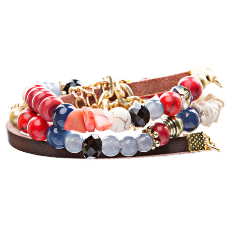 Beautiful Bead Stone Colorful Link Leather Cord Fashion Bracelet B445 Gold Red