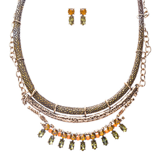 Statement Multi Layered Hammered Fabric Stone Antique Gold Necklace Set Green