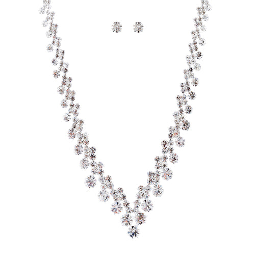 Bridal Wedding Jewelry Crystal Rhinestone Chic V Drop Necklace Set J687 Silver