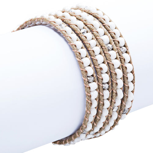 Beaded Brown String Cord with Button Knot Closure Wrap Bracelet White