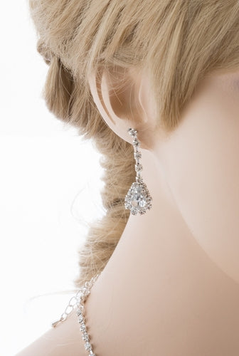 Bridal Wedding Jewelry Set Crystal Rhinestone Dangle Teardrop Necklace Silver - Accessoriesforever