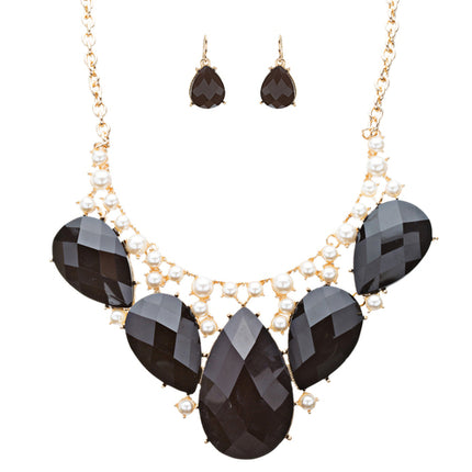 Modern Trendy Chic Bold Teardrop Design Statement Necklace Set  JN174 Black