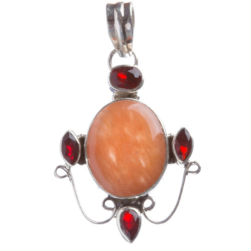 925 Sterling Silver Natural Gemstones Agate Garnet Pendant FJSVP2071
