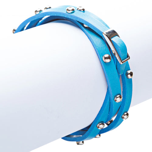 Silver Studded Italian Calf Leather Wrap Bracelet Ocean Blue
