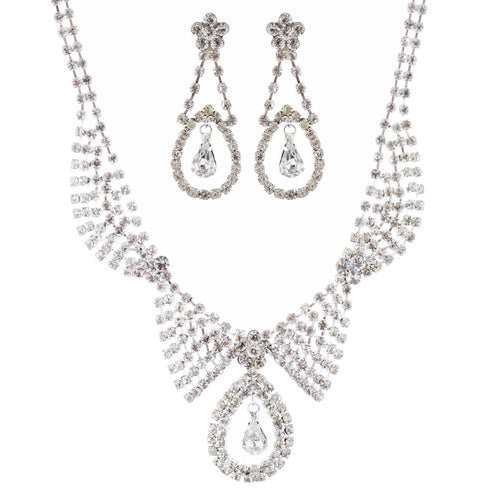 Bridal Wedding Jewelry Set Necklace Earring Crystal Rhinestone Dangle Silver - Accessoriesforever