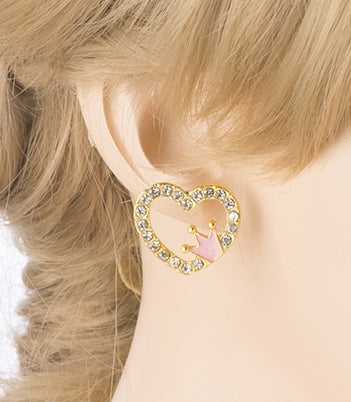 Sparkle Heart Shape with Crown Fashion Medium Stud Earrings Valentine Love Gold - Accessoriesforever