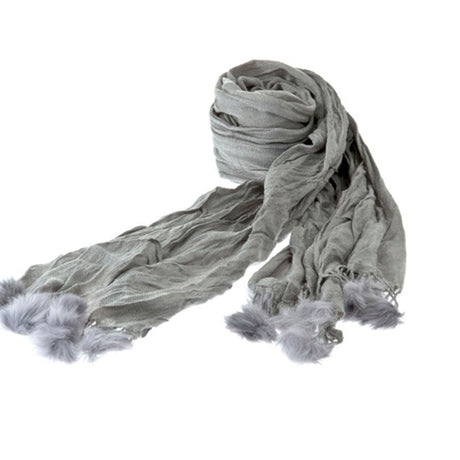Fashion Classic Crinkled Pompom Fur Ball Solid Soft Scarf Gray