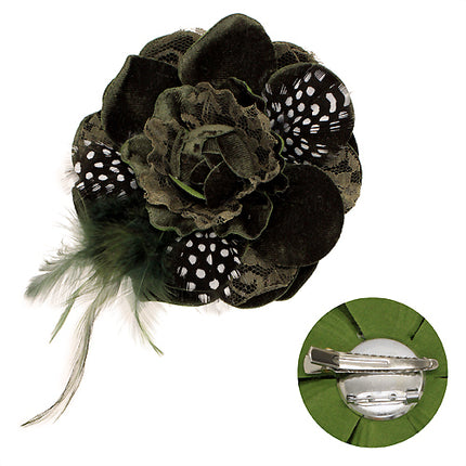 Velvet & Lace Double Layer Feather Flower Corsage Brooch 2 Way Hair Pin Green