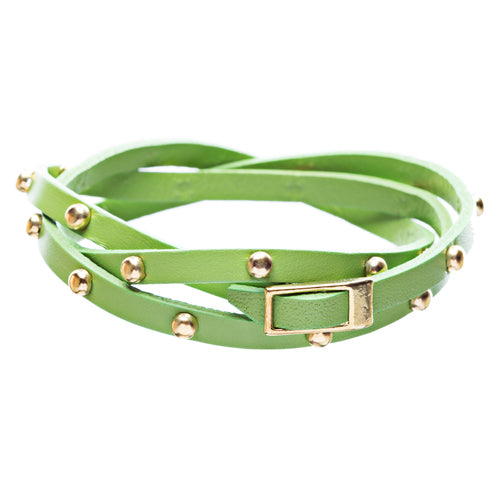 Green Gold Studded Italian Calf Leather Wrap Bracelet