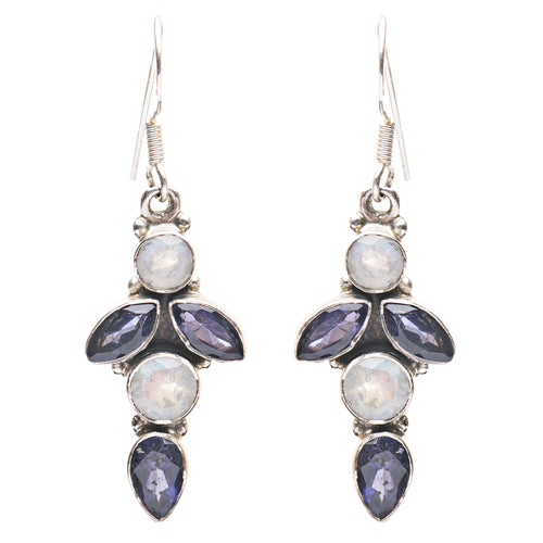 925 Sterling Silver Gemstones Natural Amethyst Moonstone Dangle Earring FJSE2146