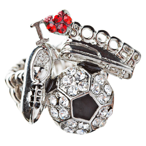 Sport Jewelry I Love Soccer Crystal Rhinestone Fashion Stretch Ring Silver