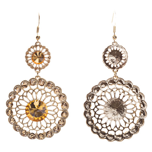 Vintage Crystal Circle Drop Rope Edge Earrings Gold
