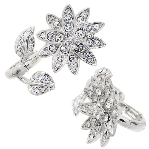 Flower Design Two Finger Stretch Ring Clear Silver