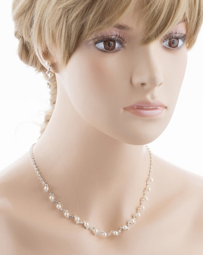 Bridal Wedding Jewelry Set Crystal Rhinestone Pearl Patterned Necklace Earrings - Accessoriesforever
