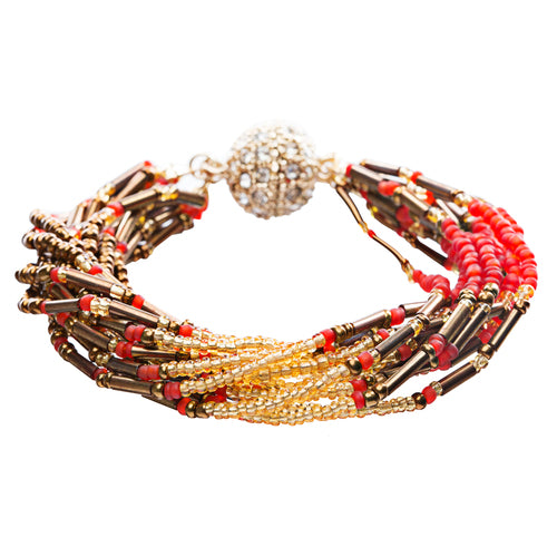 Fashion Multi Strands Beads Rhinestone Magnetic Closure Bracelet B454 Gold Red