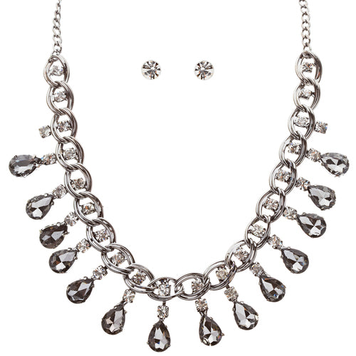 Beautiful Crystal Rhinestone Dazzling Dangling Teardrop Necklace Set J528 Gray