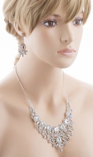 Bridal Wedding Jewelry Set Crystal Rhinestone Luxurious Dazzle Necklace Silver