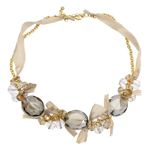 Handmade Crystal Satin Ribbon Bow Necklace Gold