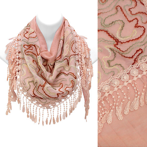Duo Layer Abstract Design Lace Drop Triangle Fashion Scarf Pink
