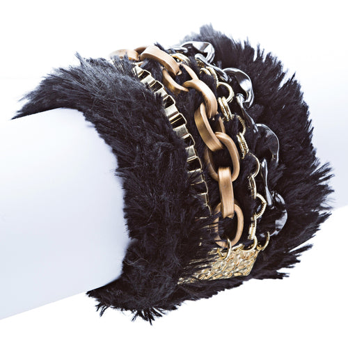Multi Chain Soft Fur Cuff Bangle Bracelet Black