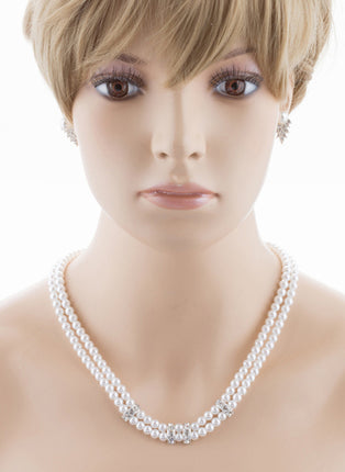 Bridal Wedding Jewelry Set Crystal Pearl Double Strands Necklace White - Accessoriesforever