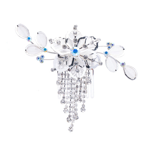 Bridal Wedding Jewelry Crystal Rhinestone Mesh Floral Dangle Drape Hair Comb Pin