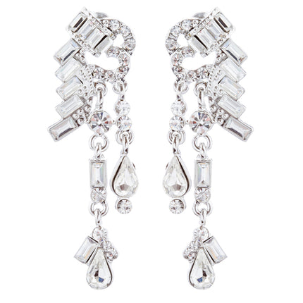 Bridal Wedding Jewelry Unique Crystal Rhinestone Linear Fashion Earrings Silver - Accessoriesforever